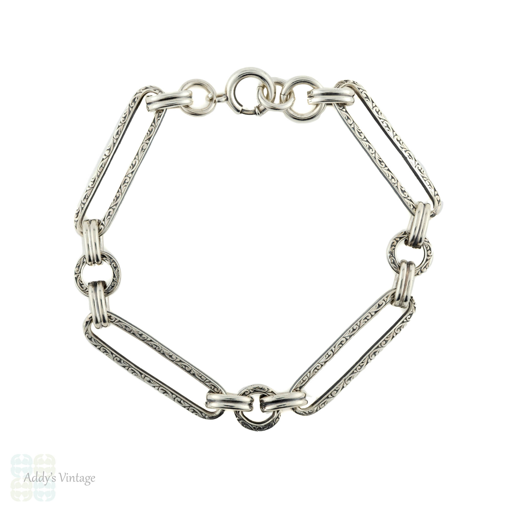 Antique Engraved Oblong Trombone Link Bracelet, Sterling Silver