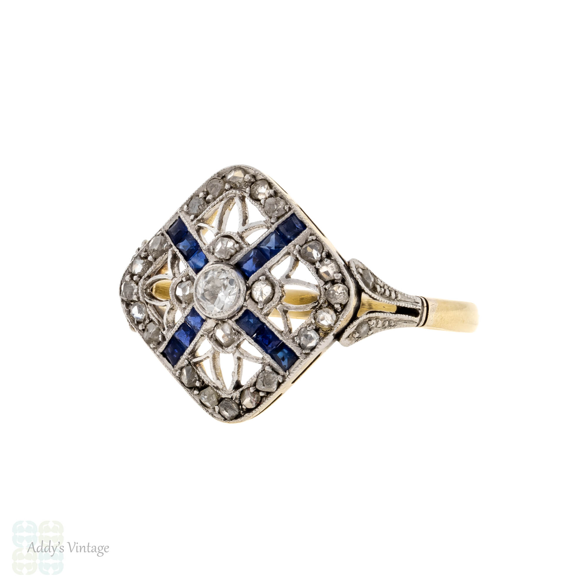 Filigree Sapphire & Old Rose Cut Diamond Panel Ring, Antique
