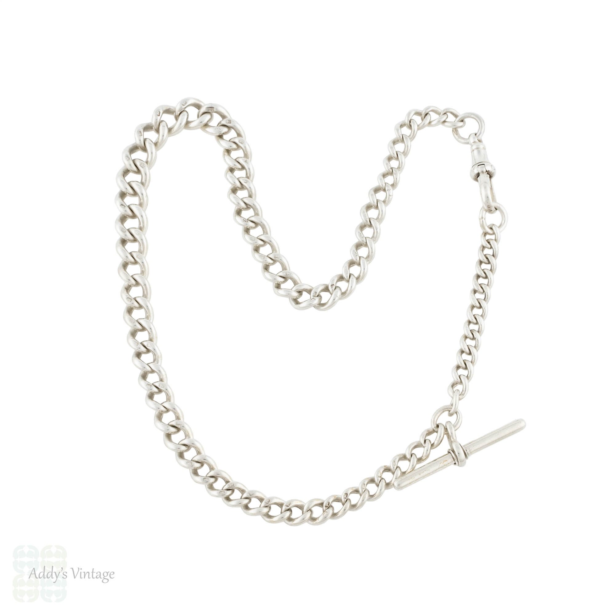 Victorian Sterling Silver Graduating Curb Link Watch Chain, 15.25