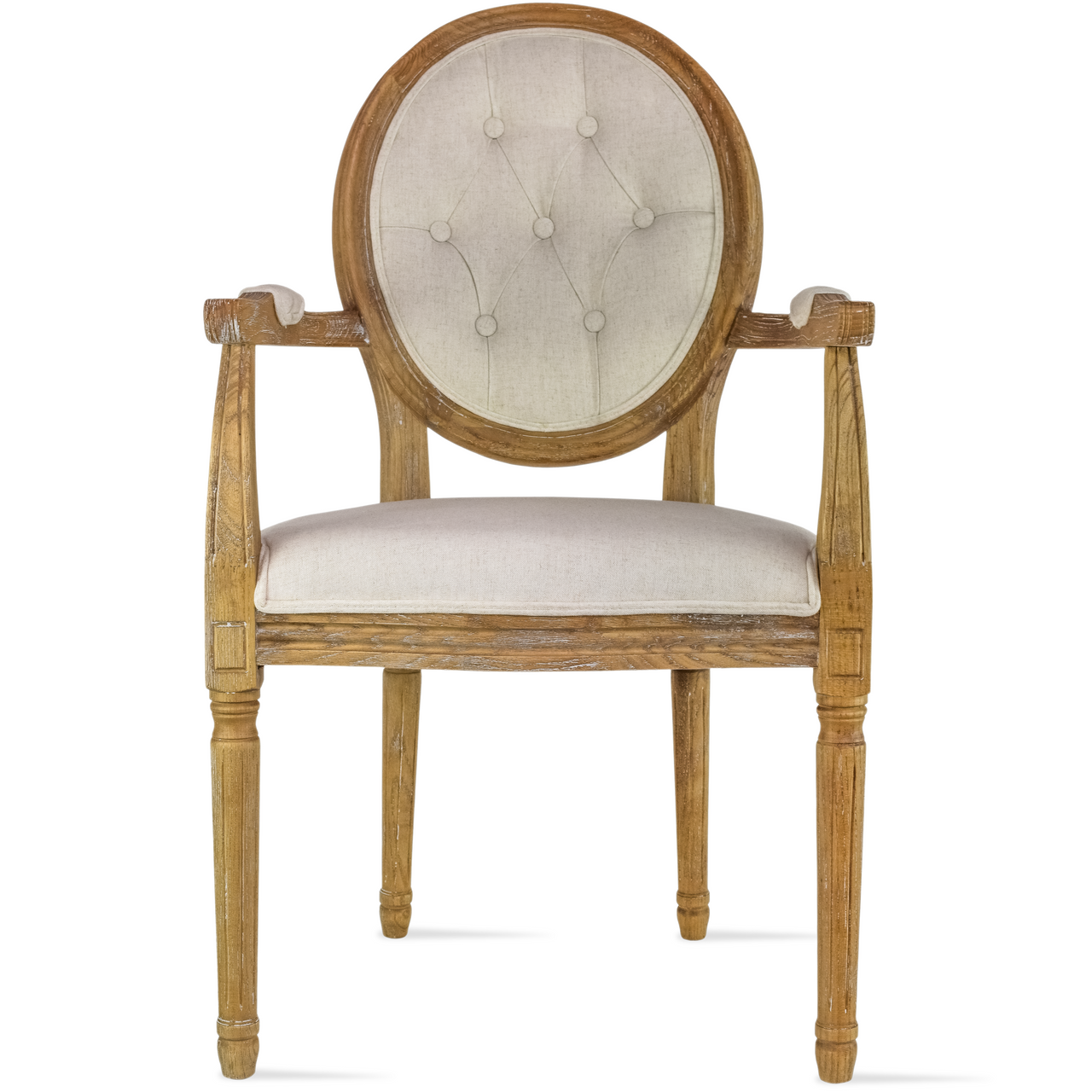 French Country Modern Elegant Cream Distressed Wood Round Seat Cushion  Armchair Farmhouse