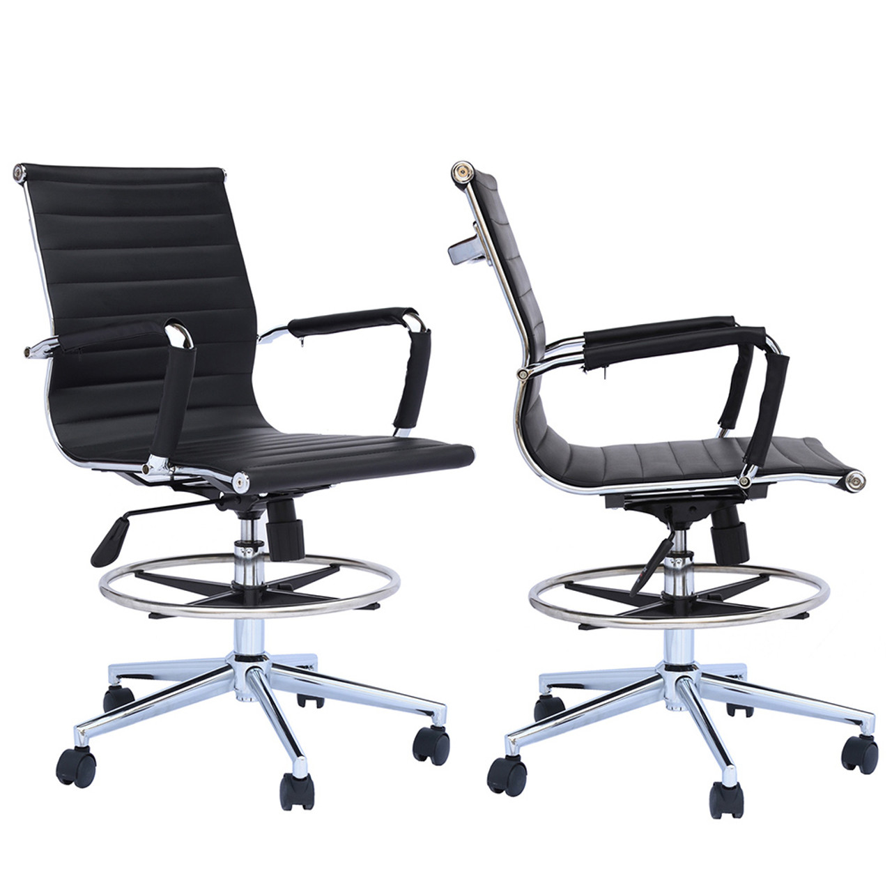 Set of 2 Office Chair Ribbed Mid Back With Wheels And Arms Chrome