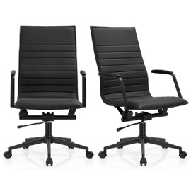 2xhome Set of 2 Modern High Back Office Desk Chair | Upholstered Ribbed PU Leather with Metal Frame | Adjustable Height, Tilt Lock | Computer Armchair for Home, Executive, Conference, Meetings
