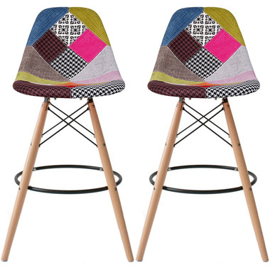 Set of 2, Natural EIFFEL Wood Patchwork Bar Stool - 29" Seat Height