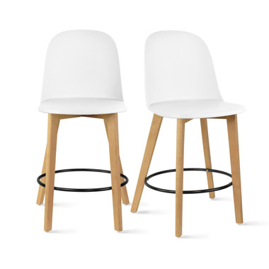 2xhome - Set of 2 25" Seat Height Chair Style Molded Plastic Modern Counter Stools with Backs Armless Natural Legs Wood Eiffel Legs Dowel-Leg 
