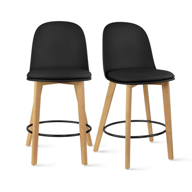 2xhome - Set of 2 25" Seat Height Chair Style Molded Plastic Modern Counter Stools with Backs and Cushion Armless Natural Legs Wood Eiffel Legs Dowel-Leg 