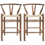 Set of 2 Wishbone Wood Elbow Barstool with Y Back, Woven Beige Seat