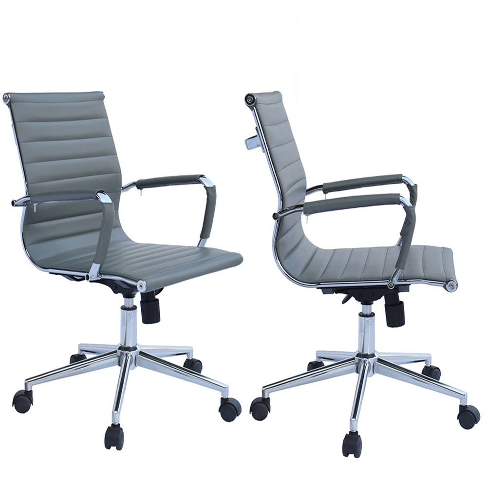 Set of 2 Office Chair Ribbed Mid Back With Wheels And Arms Chrome Foot Rest  - 2xhome - Modern and Contemporary Furniture