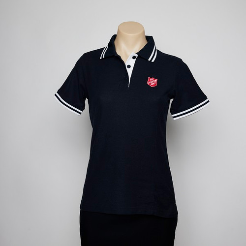 Ladies Navy/White Two Stripes Polo Short Sleeve