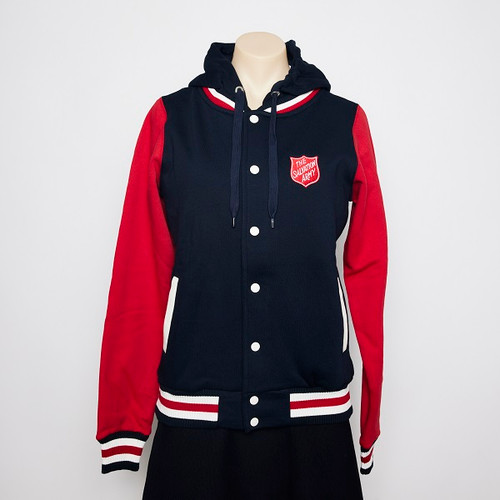 Ladies Varsity Jacket with Hood - Navy/Red/White