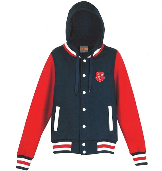Mens Varsity Jacket with Hood - Navy/Red/White