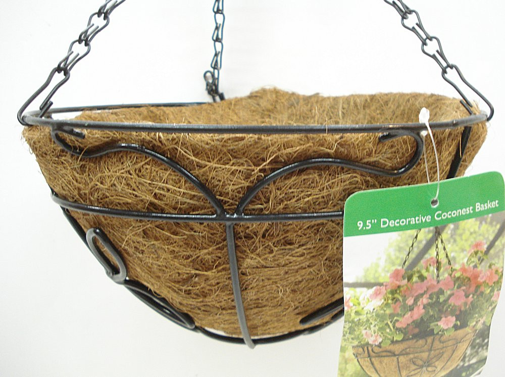 Coconut husk lined wire hanging basket