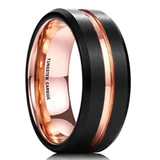 8mm - Black Tungsten Ring Band - Rose Gold Groove and Beveled Edges. Women's or Guys Wedding Rings ✦ View All Store Items Seller Savings Direct
