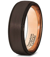 8mm - Unisex or Men's Tungsten Wedding Band. Brown with Rose Gold. Matte Finish Tungsten Carbide Ring. Beveled Edge Guys Wedding Bands ✦ View All Store Items Seller Savings Direct