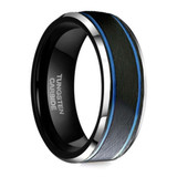 8mm - Unisex or Men's Tungsten Wedding Band. Black Matte Finish Tungsten Carbide Ring with Double Blue Groove Stripes. Beveled Edge ✦ View All Store Items Seller Savings Direct