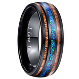 8mm - Black Tungsten Ring with Blue Opal & Hawaiian Koa Wood Tri Inlay - 8mm, Dome Shape, Comfort Fitment. I LOVE YOU engraved. (Organic colors) ✦ View All Store Items Seller Savings Direct