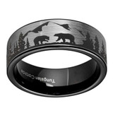 8mm - Unisex or Men's Hunting Ring / Bear Mountain Wedding Band. Brushed Silver Tungsten Band with Bears, Forest and Mountains Laser Design. Inner Black Flat Top Hunter's Wedding Band. ✦ View All Store Items Seller Savings Direct