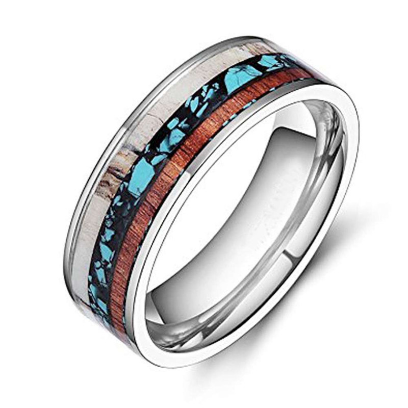 Men's Tungsten Carbide Ring – Deer Antler & Koa Wood & Turquoise Inlay, 8mm Comfort Fit, Sizes 7-12, Hypoallergenic