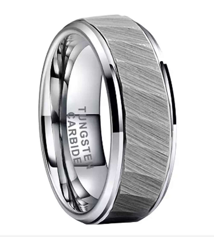 8mm - Unisex or Men's Tungsten Wedding Band. Silver Tone Hammered Finish Tungsten Carbide Ring with Beveled Edge ✦ View All Store Items Seller Savings Direct