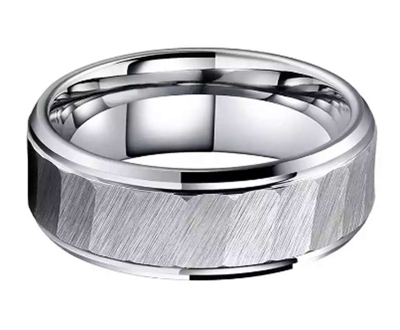 8mm - Unisex or Men's Tungsten Wedding Band. Silver Tone Hammered Finish Tungsten Carbide Ring with Beveled Edge ✦ View All Store Items Seller Savings Direct
