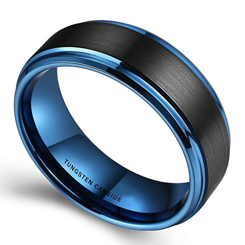 8mm - Guys Wedding Rings - Flat Beveled Edges Black Tungsten Ring With Brushed Center And Vibrant Blue Inside and Edges ✦ View All Store Items Seller Savings Direct