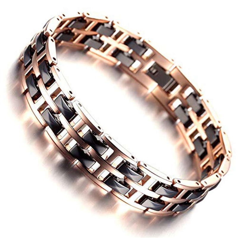8" Inch - Unisex or Men's Rose Gold Tungsten Steel Black Ceramic Bracelet - Two Tone Polished Link Tungsten Bracelet Mens