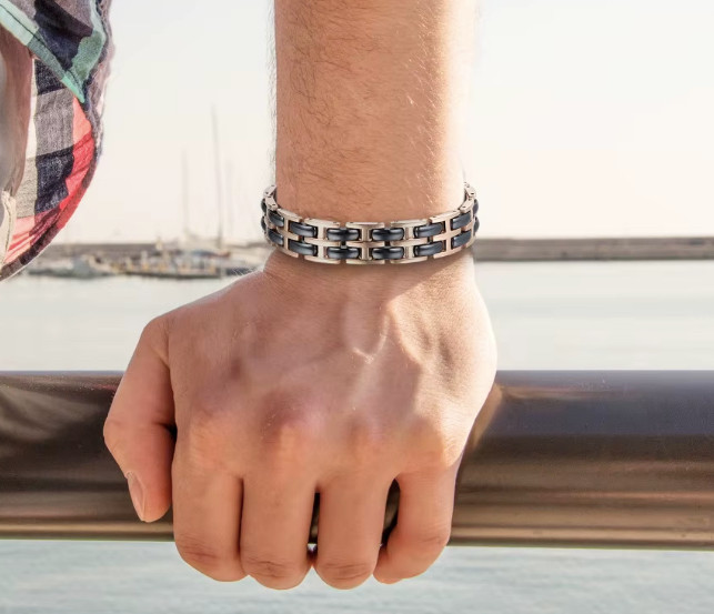 8" Inch - Unisex or Men's Rose Gold Tungsten Steel Black Ceramic Bracelet - Two Tone Polished Link Tungsten Bracelet Mens