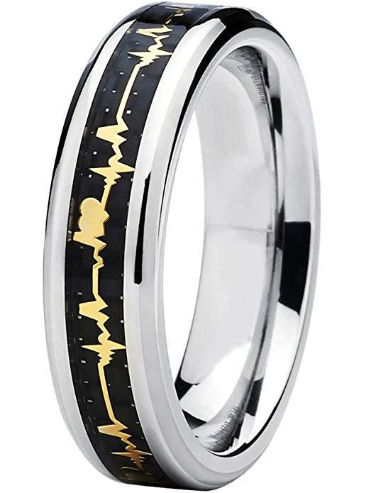 Mens EKG Heartbeat Wedding Ring Silver + Gold Heart Lifeline