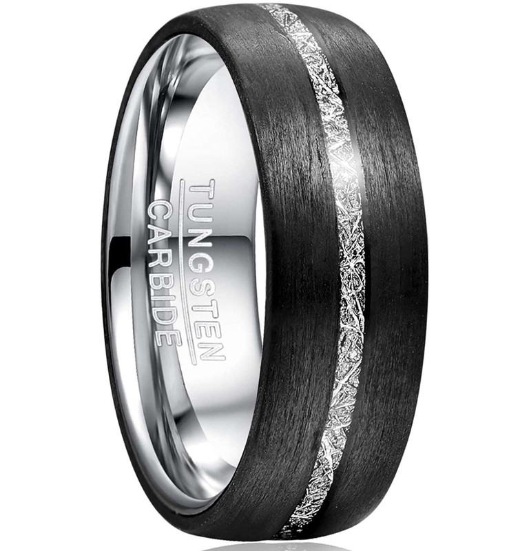 8MM/6MM Tungsten Carbide Beveled Edge With Meteorite Inlay Wedding Band Ring Set For Men And Ladies