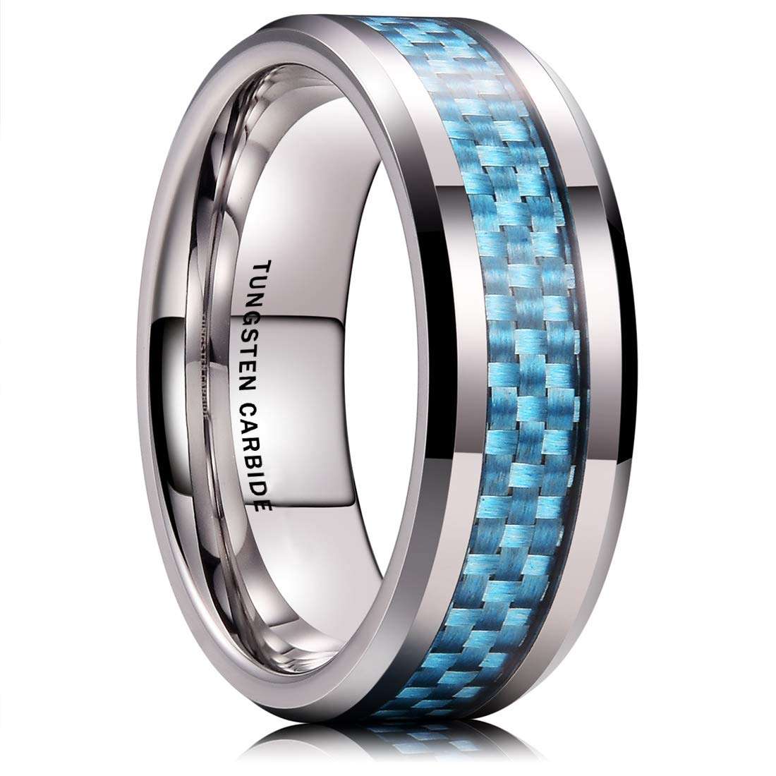 8mm Mirror Polished Tungsten Carbide Wedding Ring With Blue & White Carbon Fiber Inlay - Size 9