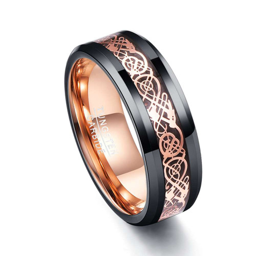 8mm - Black & Rose Gold Tungsten Guys Wedding Bands with Celtic Dragon Inlay with Rose gold inside band