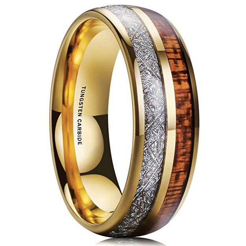 8mm - Tungsten Wedding Band, Meteorite Koa Wood , Gold Wedding Ring, Tungsten Band, Mens Tungsten Ring, Engagement Ring 8mm