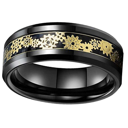 8mm - Mens Black with Gold Tungsten Wedding Bands With Gold Watch Gear Resin Inlay Design Over Black Carbon Fiber Tungsten Ring With Mens And Womens Rings