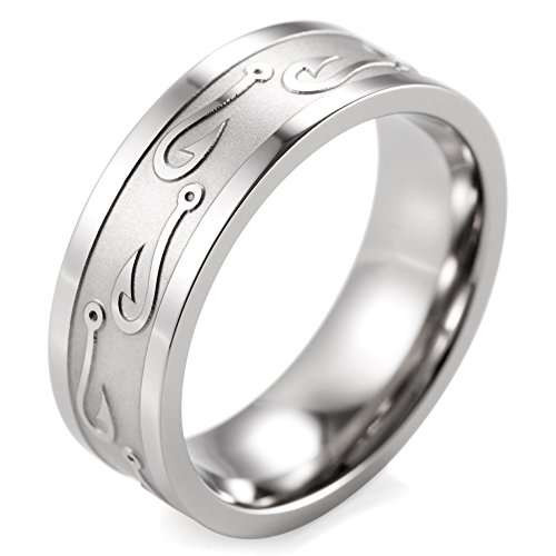 8mm - Simple Artistic Fishing Hook Pattern Ring Engraved Flat Steel Guys Wedding Rings (Silver Tone)