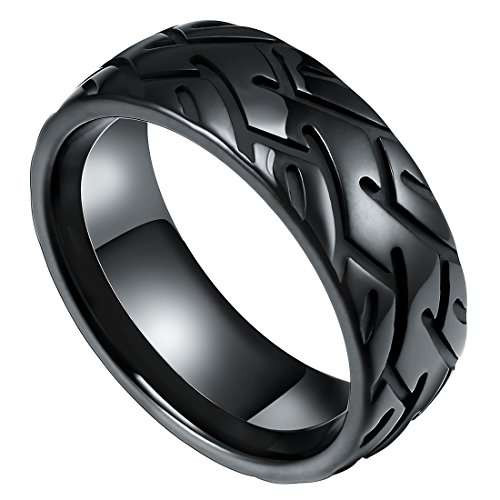 8mm - Unisex or Men's Black Wedding Ring - Tire Pattern Groove Design High Polished