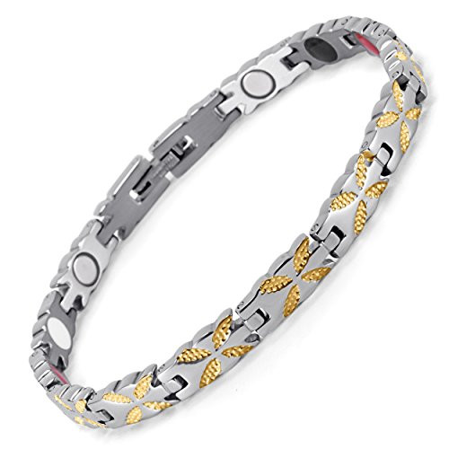 8" Inch - Magnetic Stainless Steel Bracelet For Women - Butterfly Wings Gold Tone Women's Stainless Steel Magnetic Bracelet with magnets, far infrared, germanium and negative Ion technology)