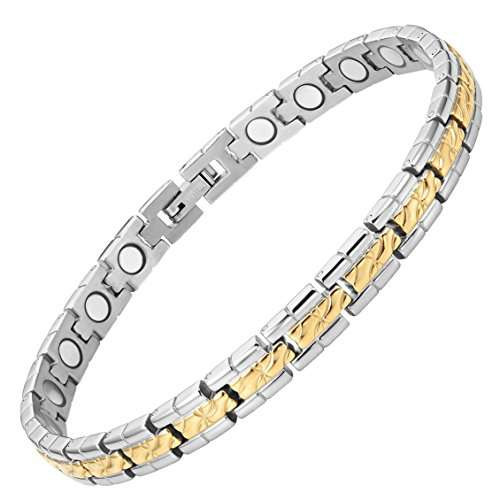 7.5" Inch - Duo Tone Magnetic Titanium Bracelet - Womens Titanium Magnetic Bracelet - Two Tone Silver and Gold Plated
