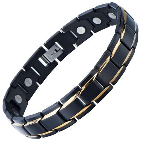 8.5" Inch - Gold and Black Magnetic Stainless Steel Bracelet Mens - Magnetic Stainless Steel Mens Gold and Black Power Element Bracelet with Strong Magnets and Clasp