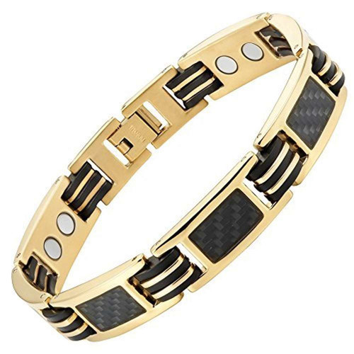 8.5 Inch - Tungsten Bracelet Mens - Gold Tone Carbon Fiber Magnetic Bracelet