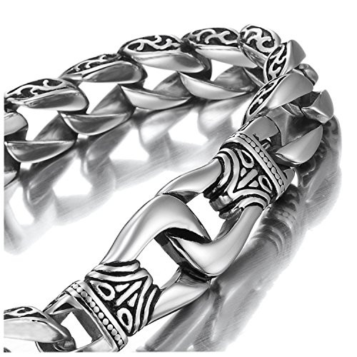 9" Inch - Stainless Steel Bracelet Mens link Bracelet Silver Black Duo Tone Tribal Design