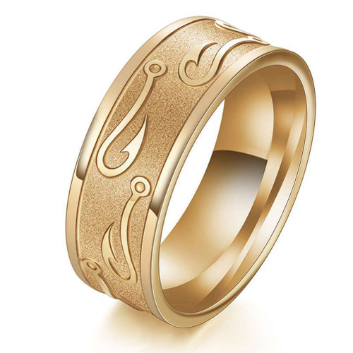 8mm - Simple Artistic Fishing Hook Pattern Ring Engraved Flat Steel Guys Wedding Rings (Gold Tone)