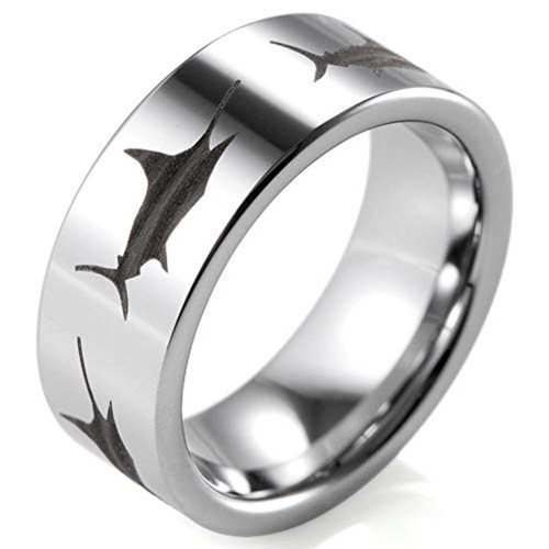 8mm - Swordfish Engraved Tungsten Guys Wedding Bands - Fisherman's Ring / Fishing Wedding Band. Silver