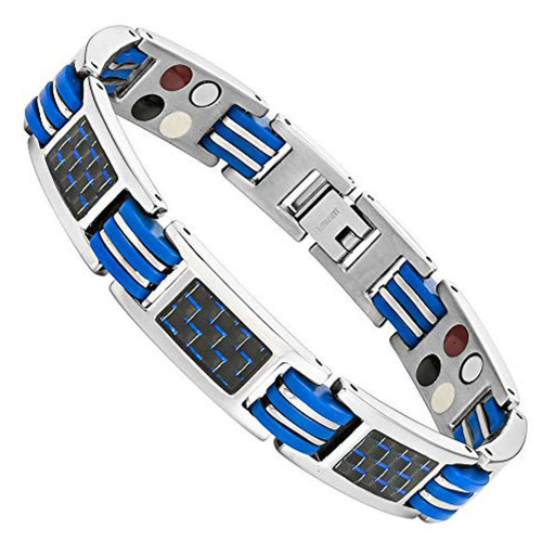 8.5" Inch - Silver Magnetic Titanium Bracelet Mens - Black Carbon Fiber with Blue link tones. Wedding Bracelet or Casual Wear Gift for Him