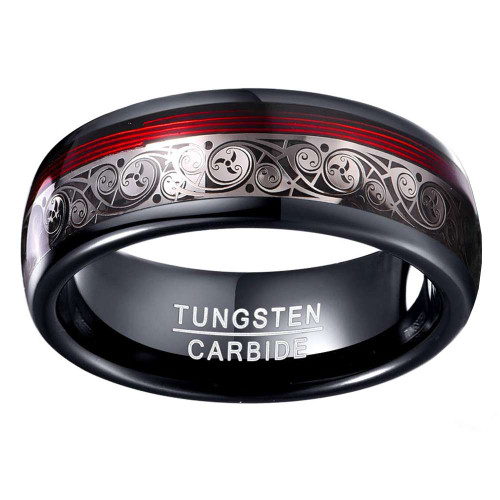 8mm - Spiral Motif and Red Guitar String Tungsten Ring. Unique Wedding Ring - Silver Spirals Ring with Red Wire Inlay.