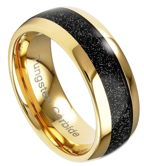 8mm - Unisex or Men's Tungsten Wedding Band. Black 14K Galaxy and Gold Domed Tungsten Carbide Wedding Ring. Mens Jewelry