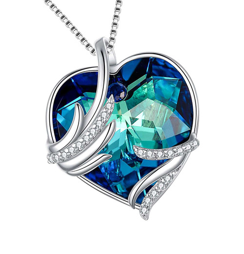 Blue and Green Heart Crystal Pendant with Angel Wings and 18" Chain Necklace. For Lover's, Girl Friend, Wife, Valentine's Day, Mother's Day, Anniversary Gift Necklace for Women.