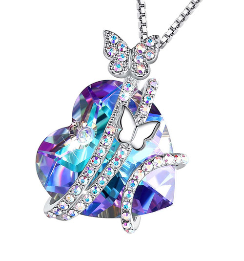Butterflies over Blue Purple Heart Crystal Pendant with 18" Chain Necklace. For Lover's, Girl Friend, Wife, Valentine's Day, Mother's Day, Anniversary Gift - Butterfly Necklace for Women.
