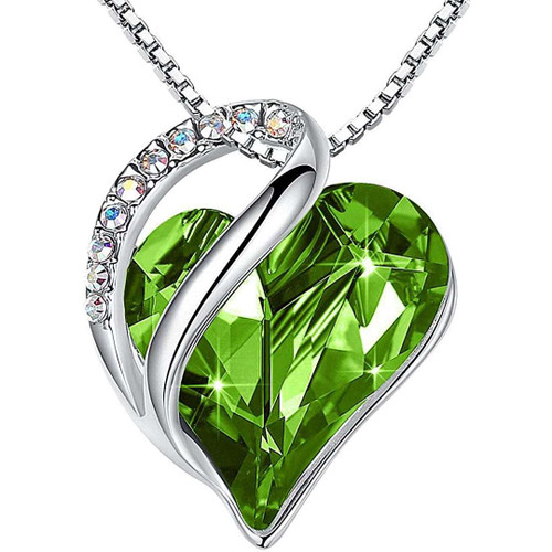 Women’s Silver Plated Infinity Love Heart Pendant Necklace with Peridot Green August Birthstone Crystals. Jewelry Gifts for Her, 18 + 2 inch Chain, Anniversary Birthday Mother's Necklaces for Wife Mom Girlfriend
