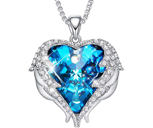 Silver Tone Pendant with Light Blue Heart Crystal Hugged with Angel Wings and 18" Chain Necklace. For Lover's, Girl Friend, Wife, Valentine's Day, Mother's Day, Anniversary Gift Necklace for Women.