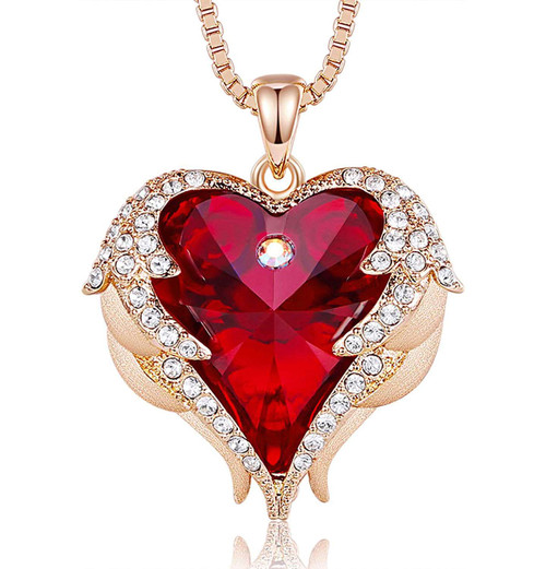Rose Gold Pendant with Red Heart Crystal Hugged with Angel Wings and 18" Chain Necklace. For Lover's, Girl Friend, Wife, Valentine's Day, Mother's Day, Anniversary Gift Necklace for Women.