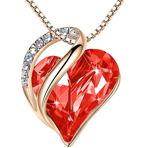 Carnelian Red Crystal Heart Rose Gold Pendant with 18" Chain Necklace. January / July Birthstone Courage Crystal - For Lover's, Girl Friend, Wife, Valentine's Day, Mother's Day, Anniversary Gift - Heart Necklace for Women.
